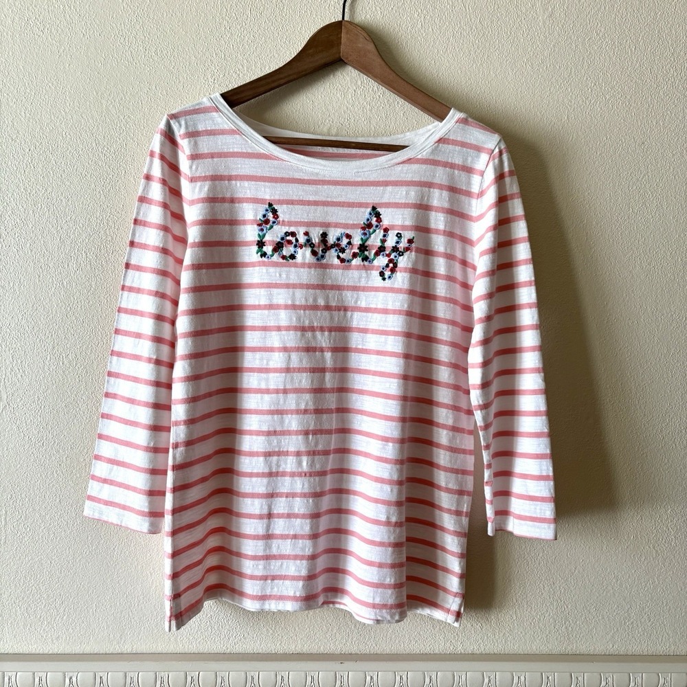 Talbots 100%‎ cotton "Lovely"embroidered pink & white striped top
